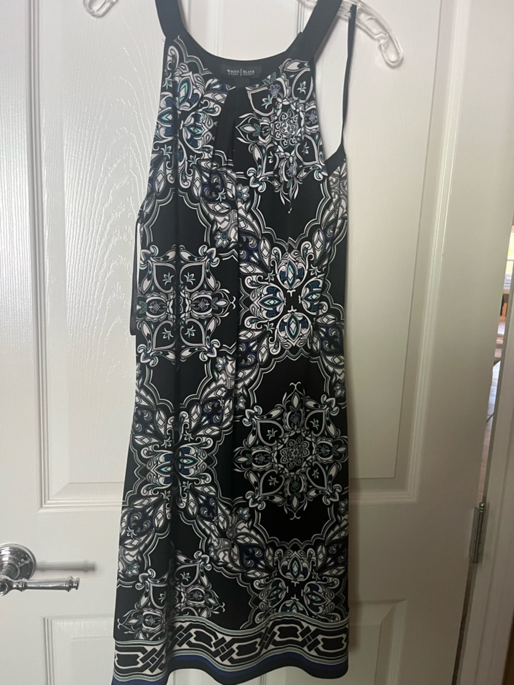 White House Black Market Black and White Printed Midi Dress with Blue Accents